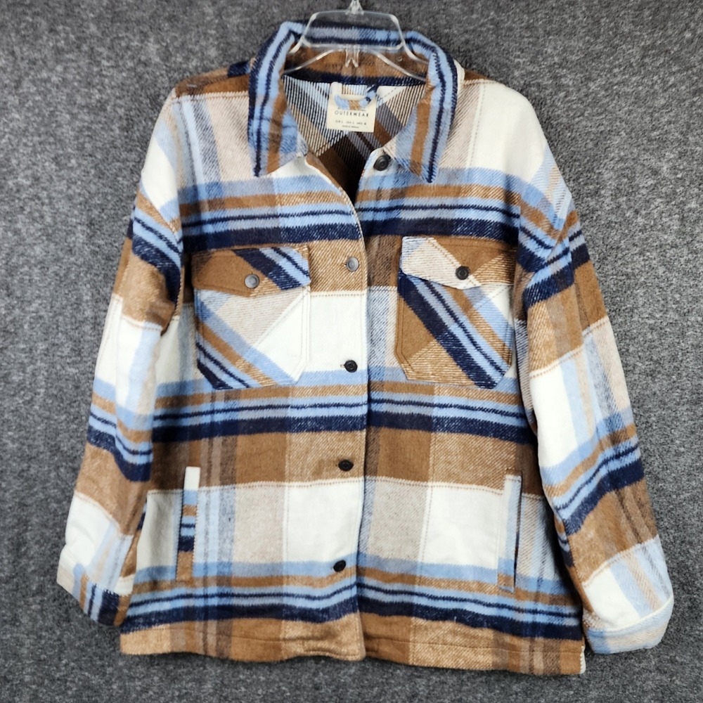 Ashley Shacket Womens L JKJR1817 Brown Blue Plaid Button Down EUC